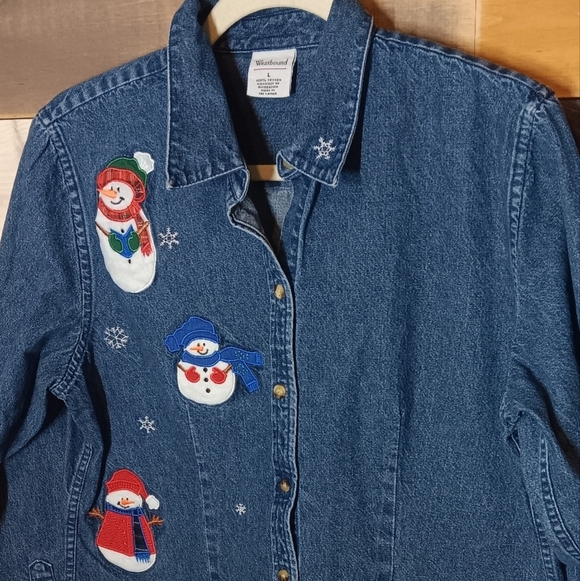 Westbound Vintage Snowman Holiday Denim Shirt L - Picture 2 of 6
